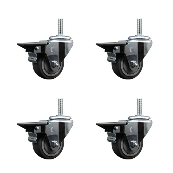 3 Inch Thermoplastic  Rubber Wheel Swivel 58 Inch Threaded Stem Caster Set with Brake SCC